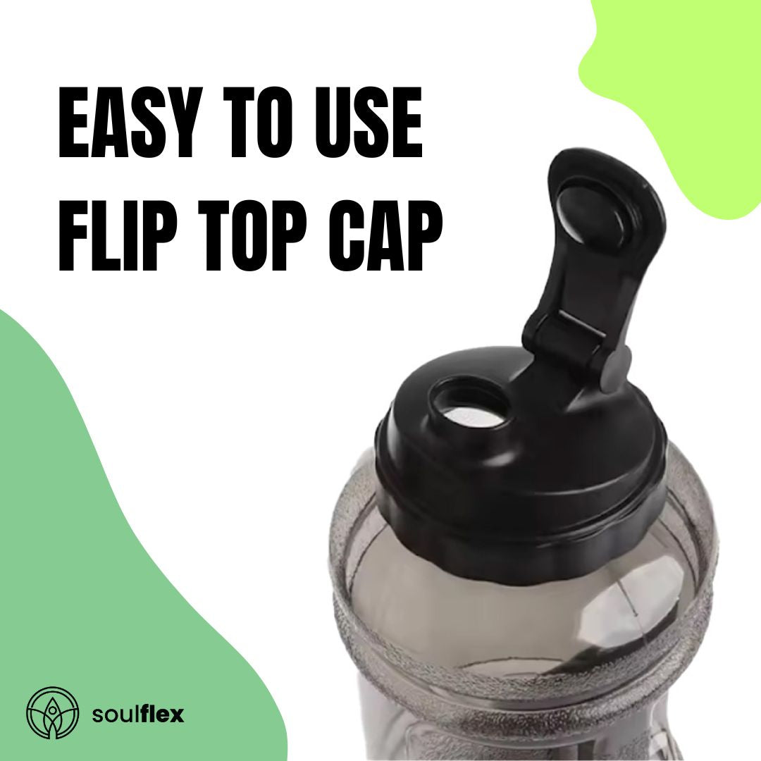 A large 2.5-liter water bottle made of durable, clear plastic with a sturdy handle on the side for easy carrying.