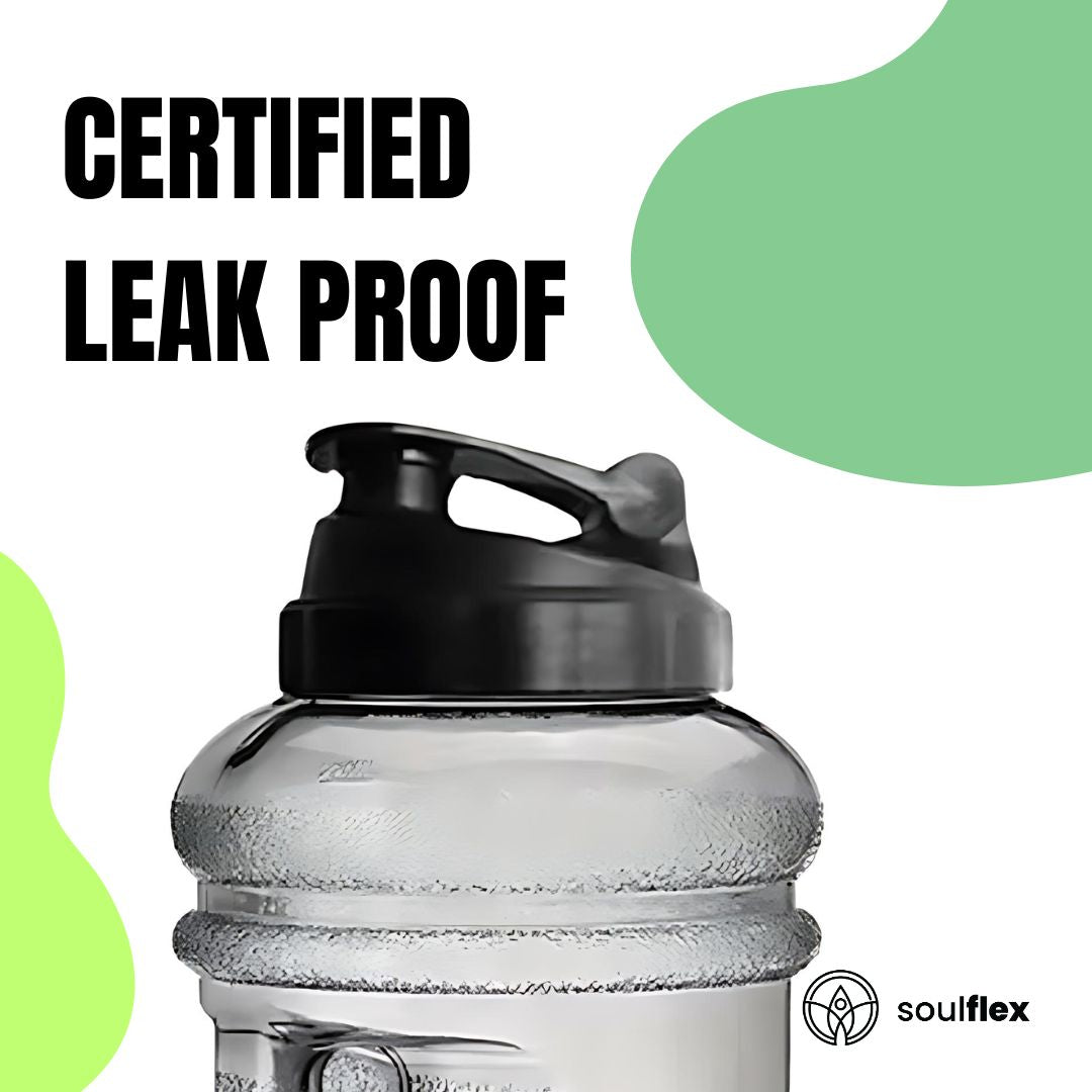 A large 2.5-liter water bottle made of durable, clear plastic with a sturdy handle on the side for easy carrying.