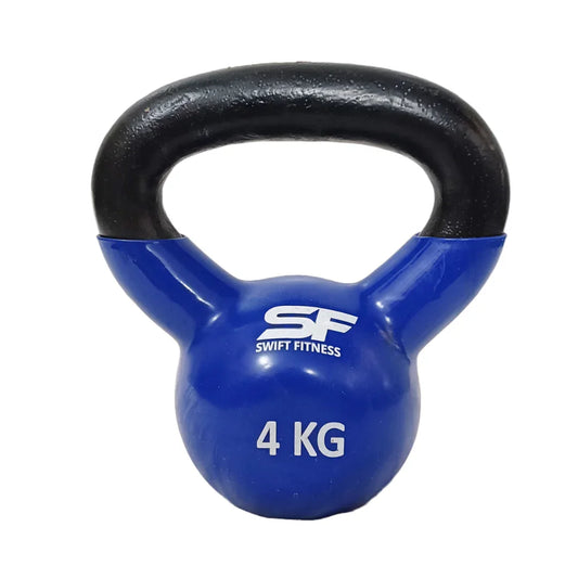 Colourful kettlebell with vinyl coating for durability.