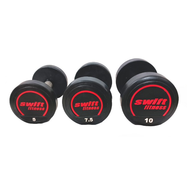 Premium round dumbbells set made of PVC, coated with silicon.