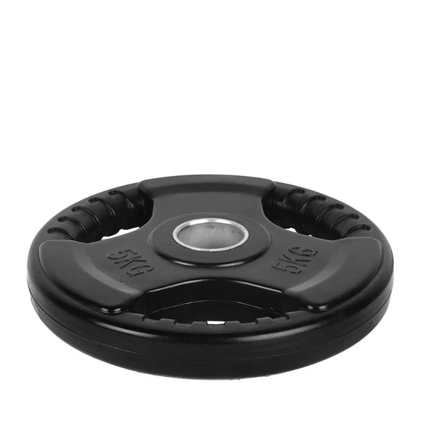 Heavy-duty rubber plates for strength training.