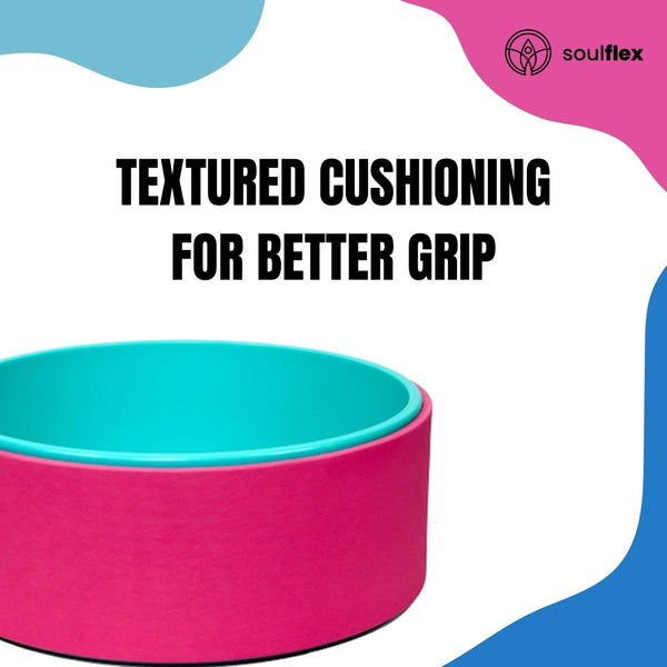 Soulflex Yoga Wheel, premium yoga accessory for stretching and mobility. Ideal yoga roller for improving posture and range of motion. Measures 12.75x5.75 inches, made from durable TPE material. Perfect for back pain relief, deep tissue massage, and enhancing back bends. Stylish black and pink design, suitable for both men and women.