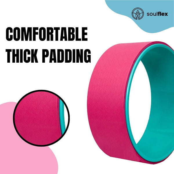 Soulflex Yoga Wheel, premium yoga accessory for stretching and mobility. Ideal yoga roller for improving posture and range of motion. Measures 12.75x5.75 inches, made from durable TPE material. Perfect for back pain relief, deep tissue massage, and enhancing back bends. Stylish black and pink design, suitable for both men and women.