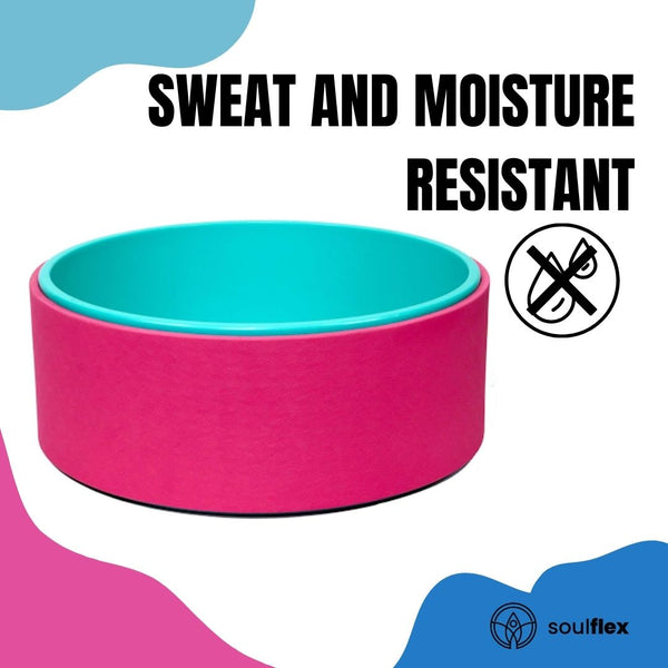 Soulflex Yoga Wheel, premium yoga accessory for stretching and mobility. Ideal yoga roller for improving posture and range of motion. Measures 12.75x5.75 inches, made from durable TPE material. Perfect for back pain relief, deep tissue massage, and enhancing back bends. Stylish black and pink design, suitable for both men and women.