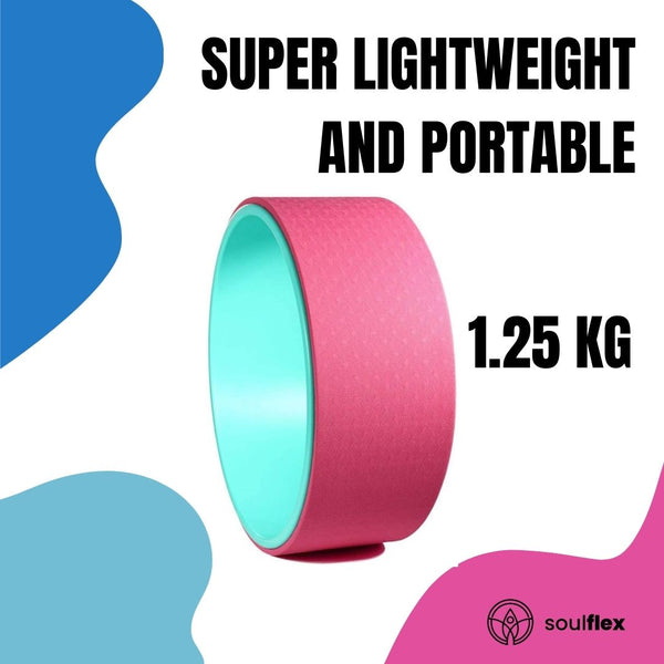 Soulflex Yoga Wheel, premium yoga accessory for stretching and mobility. Ideal yoga roller for improving posture and range of motion. Measures 12.75x5.75 inches, made from durable TPE material. Perfect for back pain relief, deep tissue massage, and enhancing back bends. Stylish black and pink design, suitable for both men and women.
