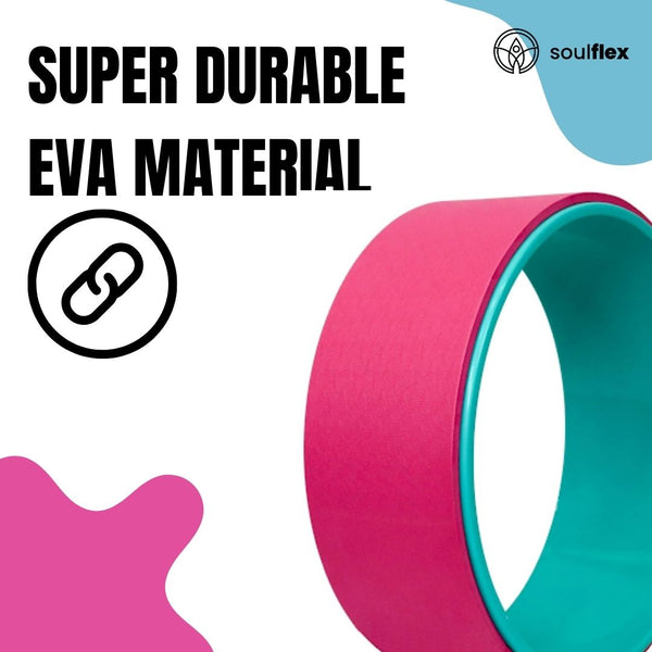 Soulflex Yoga Wheel, premium yoga accessory for stretching and mobility. Ideal yoga roller for improving posture and range of motion. Measures 12.75x5.75 inches, made from durable TPE material. Perfect for back pain relief, deep tissue massage, and enhancing back bends. Stylish black and pink design, suitable for both men and women.